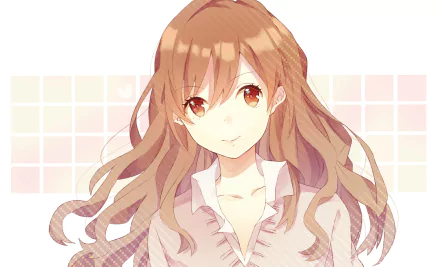 Hori Kyouko from Hori-san to Miyamura-kun: anime portrait with long brown hair and gentle smile against a soft pastel tiled background — HD PC wallpaper.