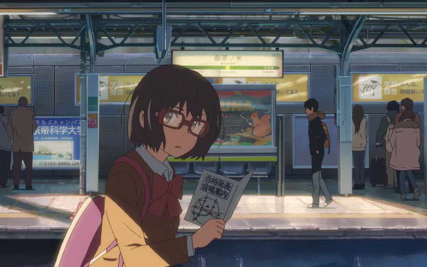 Anime-style HD PC desktop wallpaper featuring a girl with glasses reading a book at a busy train station, inspired by Cross Road.
