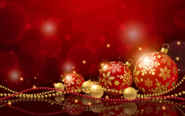 Festive HD wallpaper featuring red and gold Christmas ornaments with intricate designs, sparkling beads, and a vibrant red background.