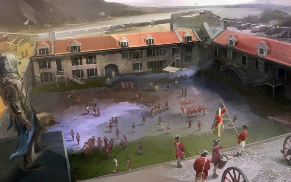 8K Ultra HD PC desktop wallpaper depicting a scene from Assassin's Creed III, featuring a colonial fortress with soldiers and a hooded character overlooking the area.