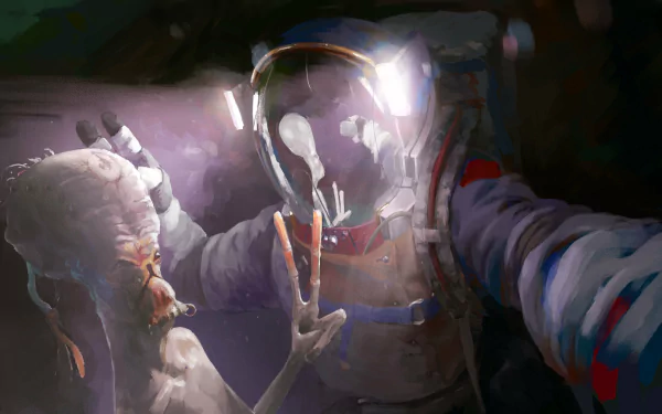 HD desktop wallpaper of an astronaut taking a selfie with a friendly alien, reflecting a sense of cosmic camaraderie.