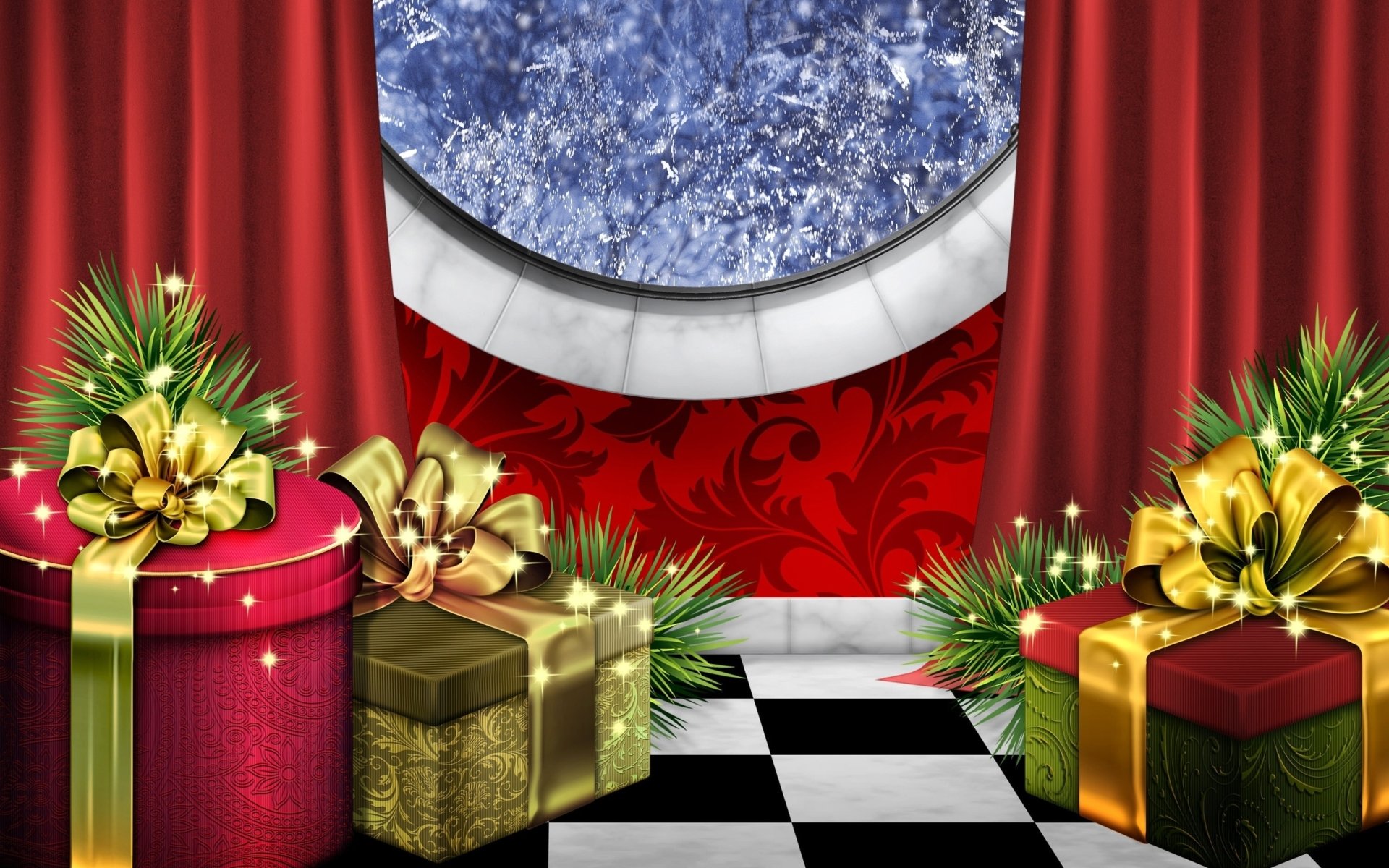 HD desktop wallpaper featuring a festive holiday scene with red curtains, a frosted window, sparkling lights, and wrapped Christmas gifts on a black-and-white checkered floor.
