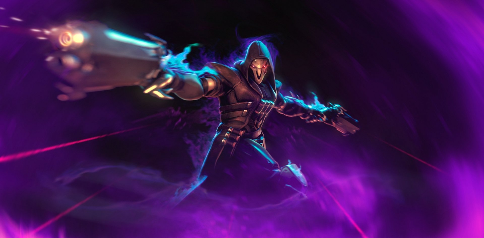 HD desktop wallpaper of Reaper from Overwatch, wielding dual weapons in a dynamic purple-hued scene, highlighting the video game’s dark warrior aesthetic.