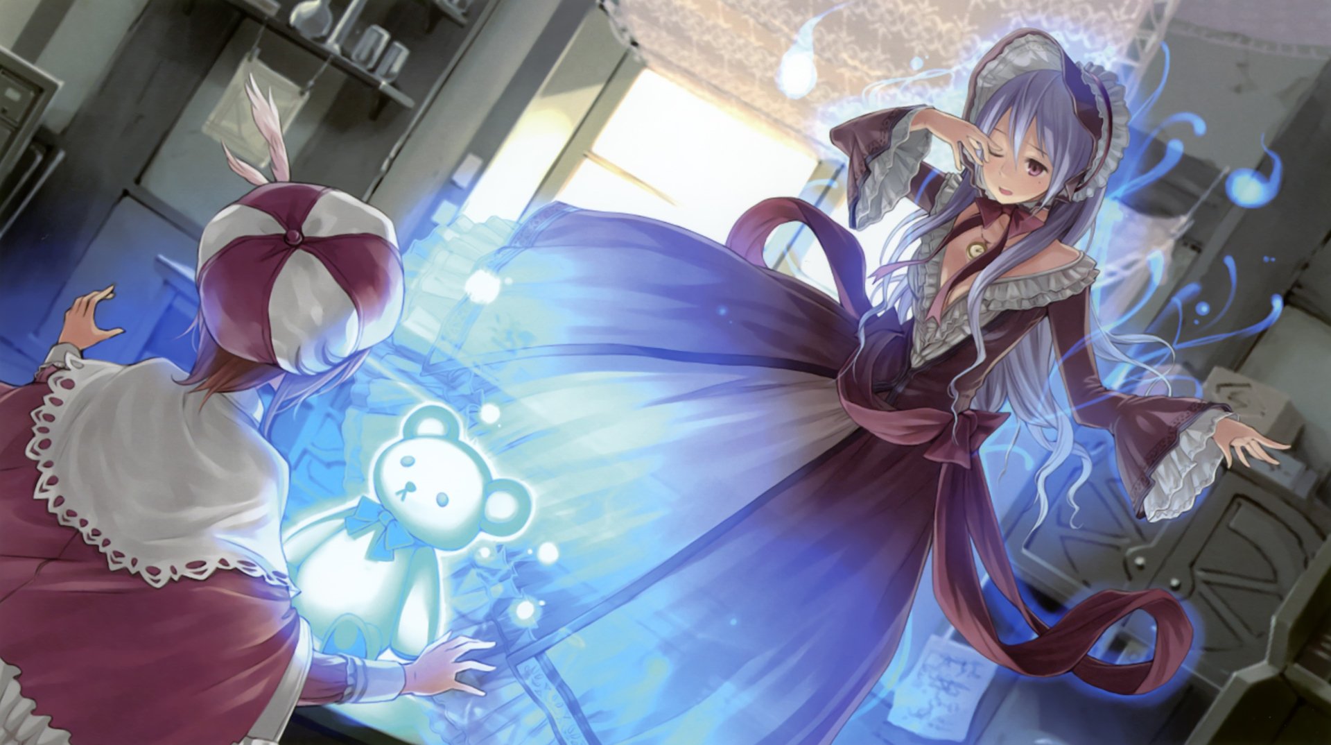 2K Quad HD PC desktop wallpaper from the video game Atelier Totori: purple-haired alchemist casting blue alchemy toward a glowing teddy-bear spirit in a sunlit workshop.
