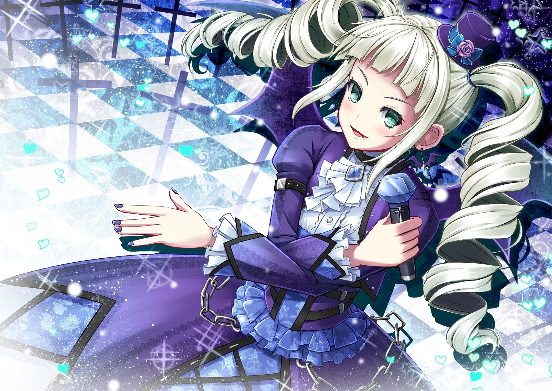 HD PC desktop wallpaper from Aikatsu!: a winking, twin‑tailed anime idol in a frilly purple outfit, surrounded by sparkling effects and a geometric blue‑purple background.