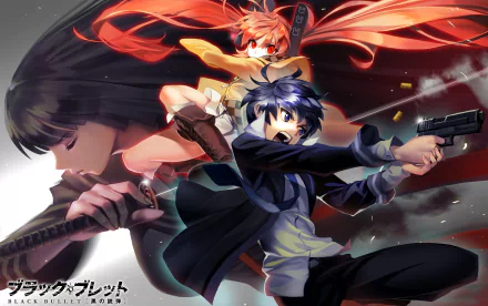 HD desktop wallpaper featuring Rentaro Satomi and Enju Aihara from the anime Black Bullet. Rentaro is in action with a gun, while Enju is poised behind him with flowing hair and glowing eyes.