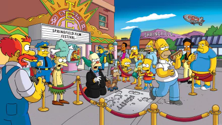 HD desktop wallpaper featuring The Simpsons characters including Grampa, Krusty the Clown, Lisa, Marge, Maggie, Bart, and Homer Simpson outside the Springfield Film Festival.