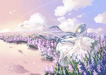 Anime-style Vocaloid character with long blue hair stands in a vibrant lavender field under a pastel sky, rendered in stunning 4K Ultra HD for PC desktops.