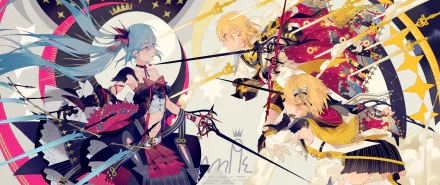 HD anime wallpaper featuring Vocaloid characters Rin Kagamine, Len Kagamine, and Hatsune Miku, depicted in an intense and dynamic scene with vibrant colors and intricate details.