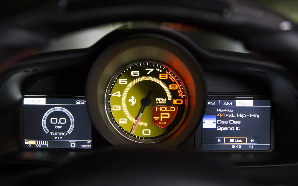 HD desktop wallpaper of a Ferrari 488 GTB supercar cockpit, close-up of illuminated tachometer with prancing horse emblem and flanking digital displays.