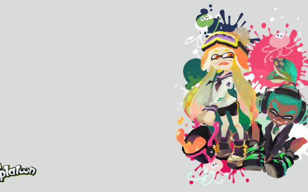 HD PC desktop wallpaper featuring Inkling characters from the video game Splatoon, with colorful ink splashes and a minimalist light gray background.
