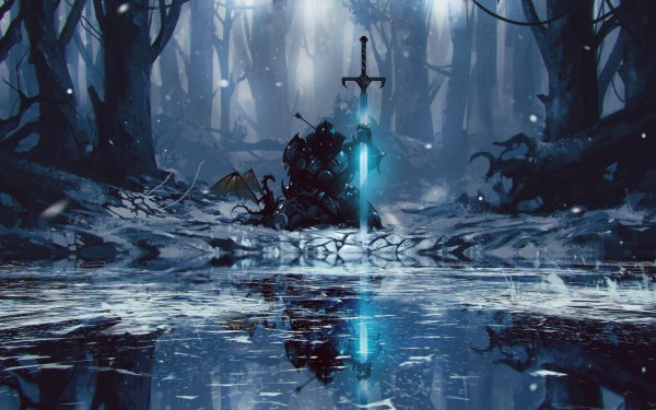Fantasy Knight Warrior Dragon Forest Sword Reflection Lake Frozen HD Wallpaper | Background Image