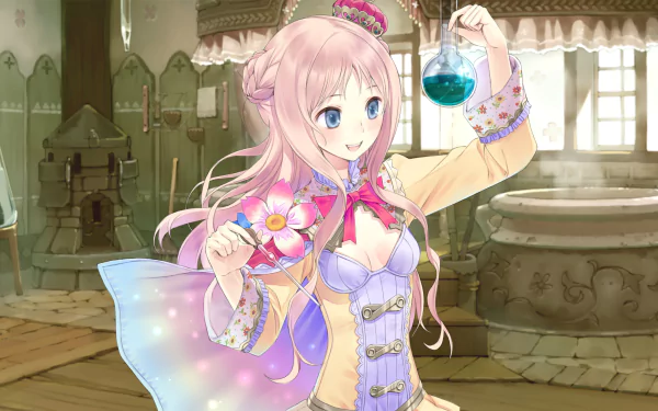4K Ultra HD desktop wallpaper featuring Totori from the video game Atelier Totori, holding a blue potion flask in a detailed alchemy workshop setting.