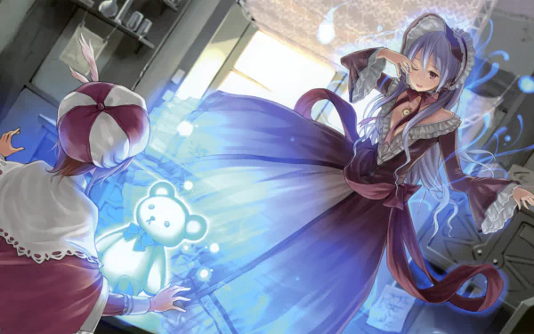 2K Quad HD PC desktop wallpaper from the video game Atelier Totori: purple-haired alchemist casting blue alchemy toward a glowing teddy-bear spirit in a sunlit workshop.