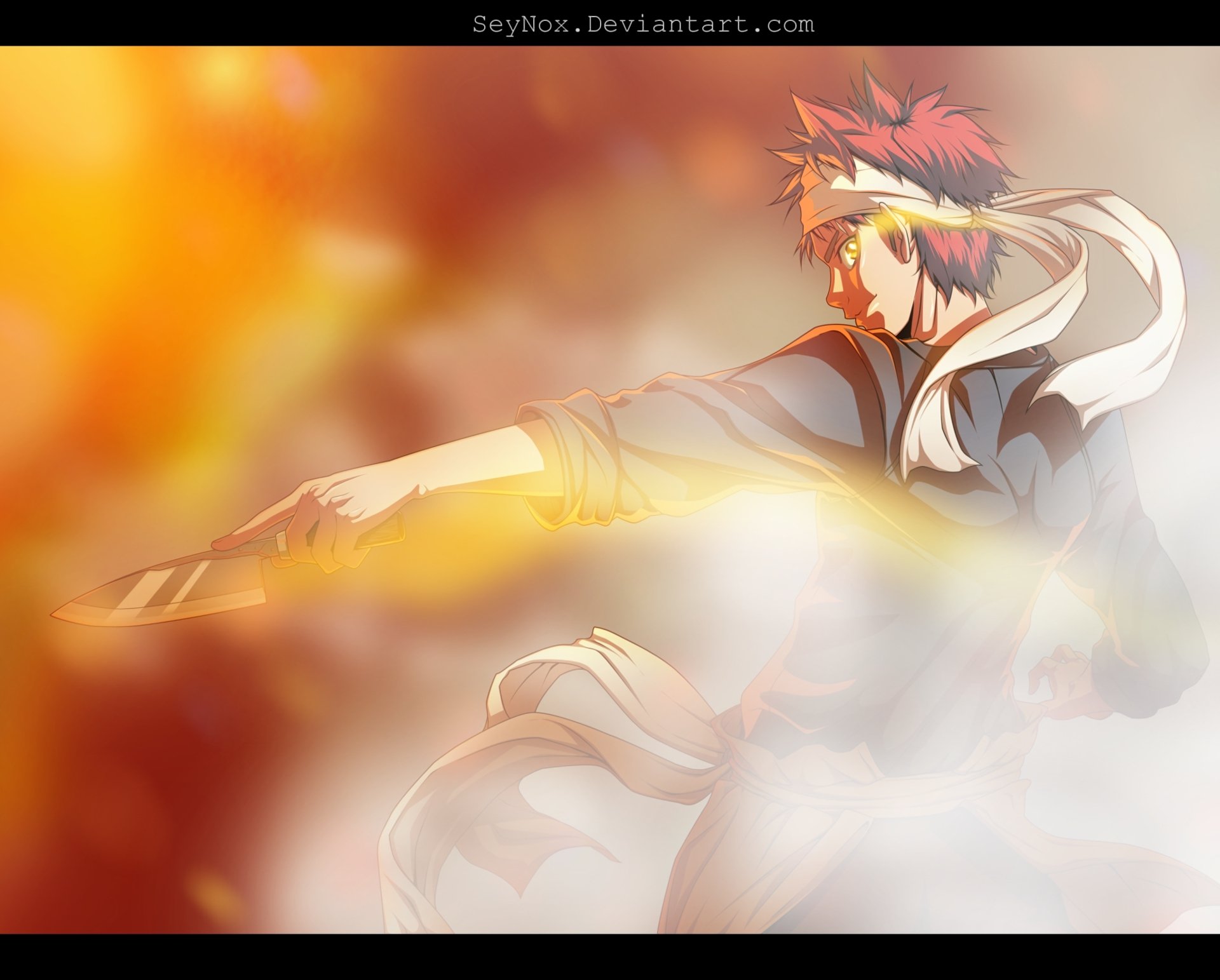 HD PC desktop wallpaper featuring Sōma Yukihira from the anime Food Wars: Shokugeki no Soma, depicted in dynamic cooking action with vibrant colors and motion effects.