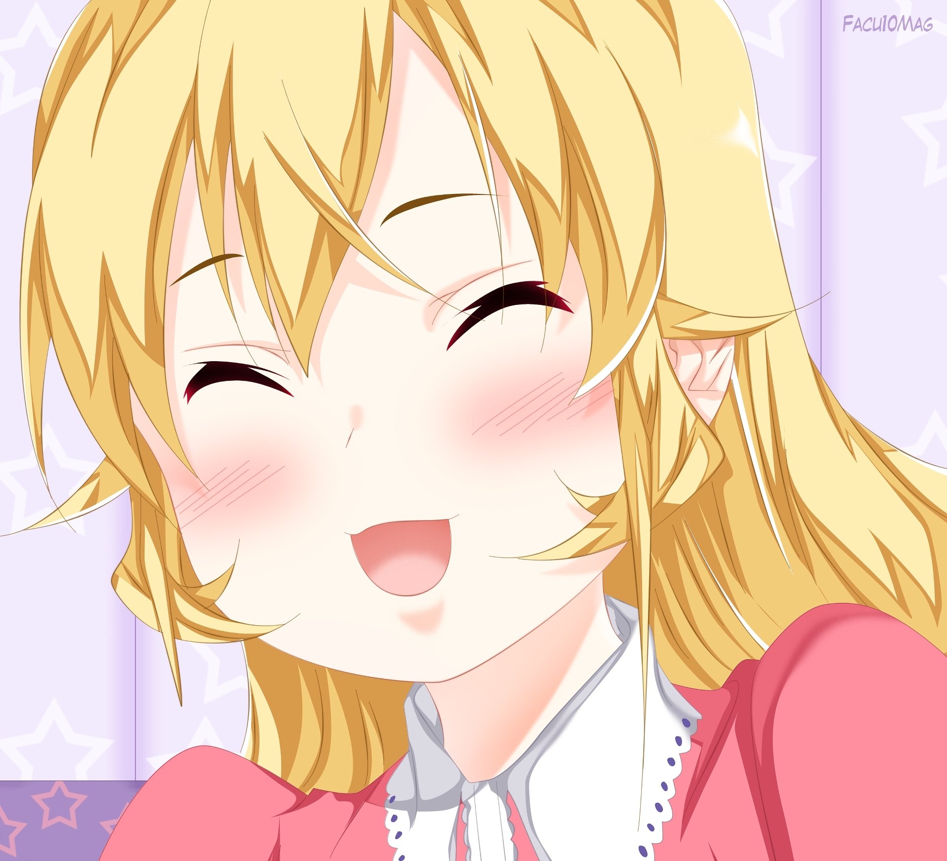 HD anime wallpaper of Erina Nakiri from Food Wars: Shokugeki no Soma, featuring her smiling with closed eyes and rosy cheeks.