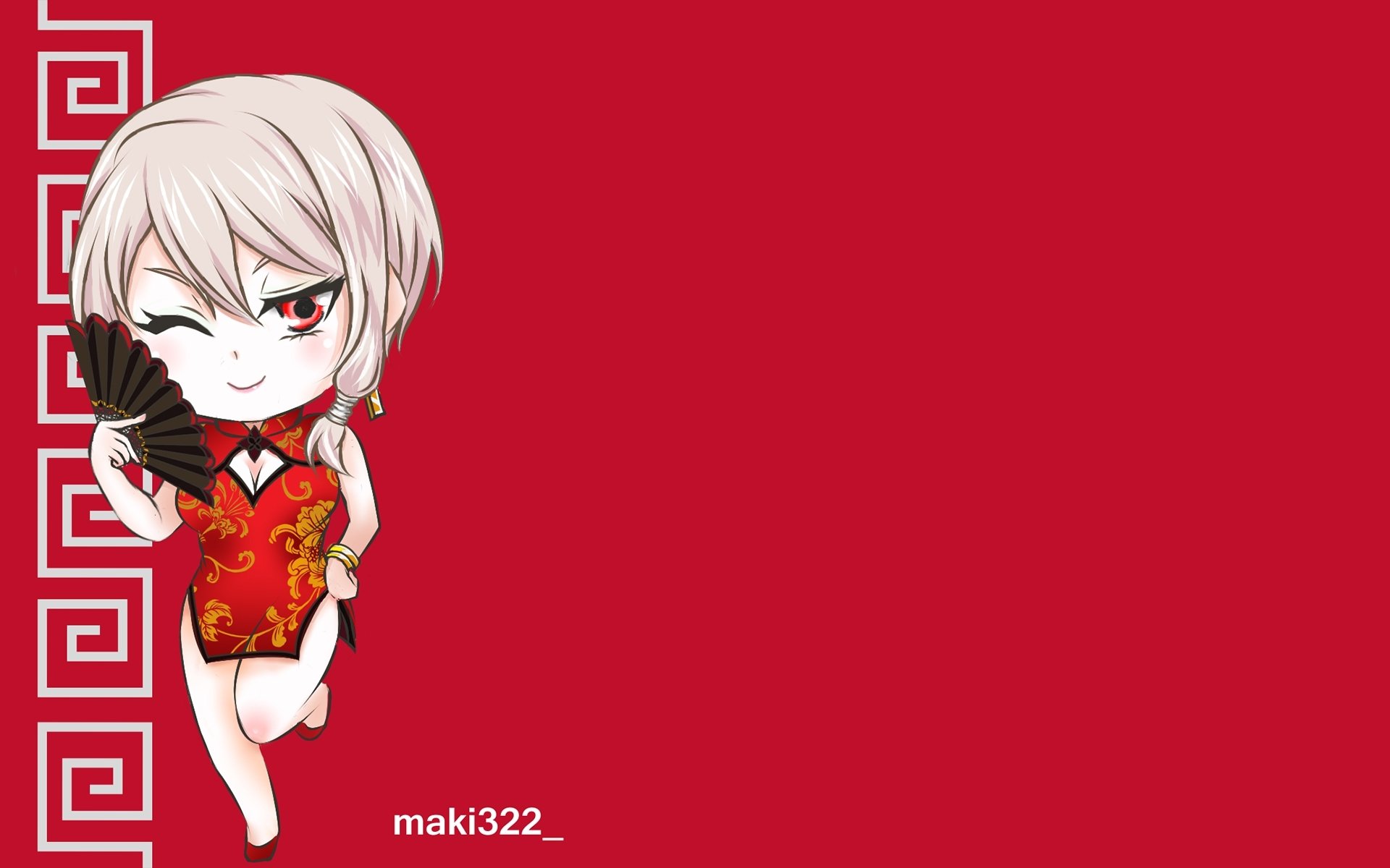Chibi-style Alice Nakiri from Food Wars: Shokugeki no Soma in a red cheongsam dress, holding a black fan, on a red background with decorative border, HD anime wallpaper.