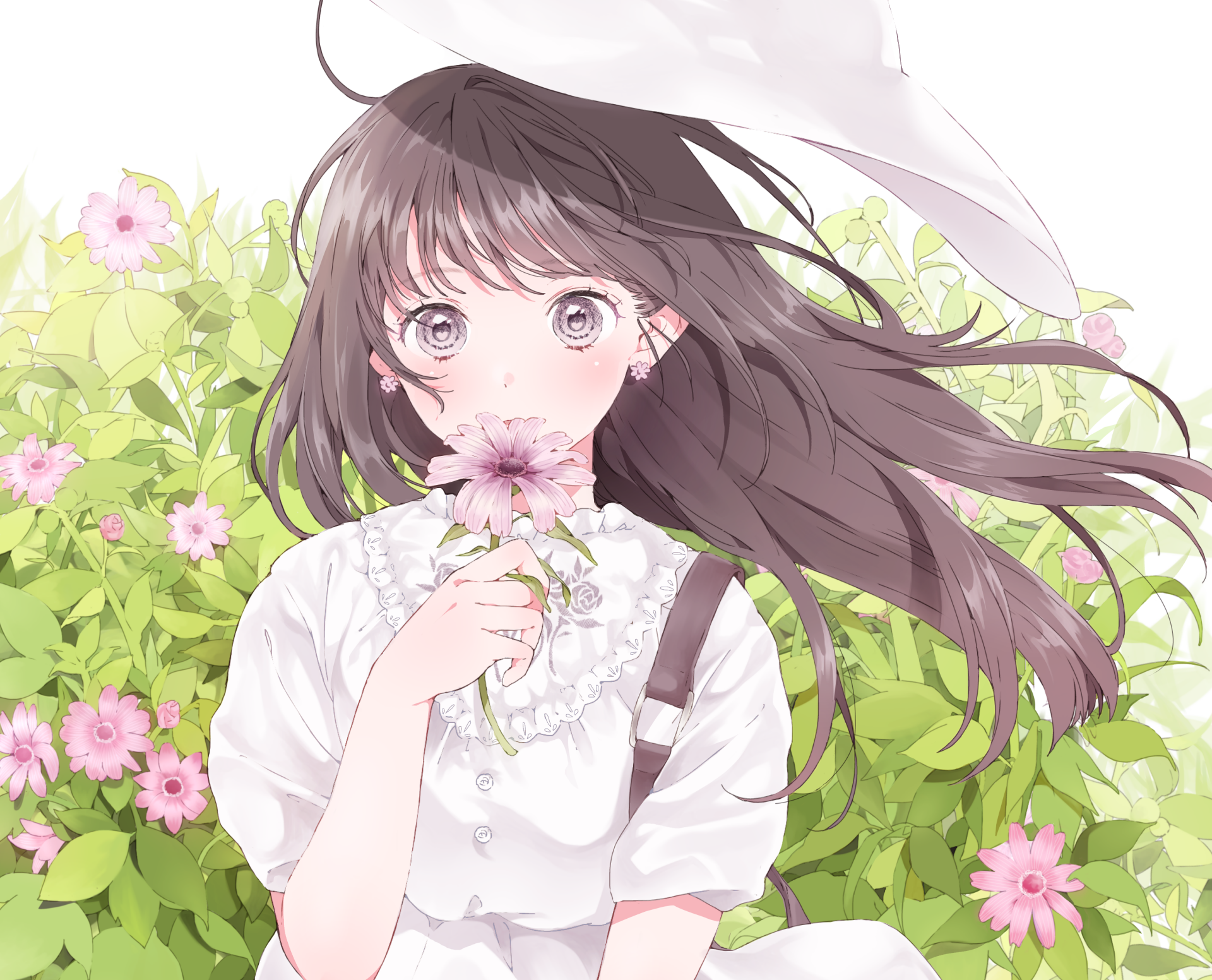 Anime girl with long hair, wearing a white blouse, holding a flower, standing in a garden with greenery and pink flowers. HD desktop wallpaper and background.