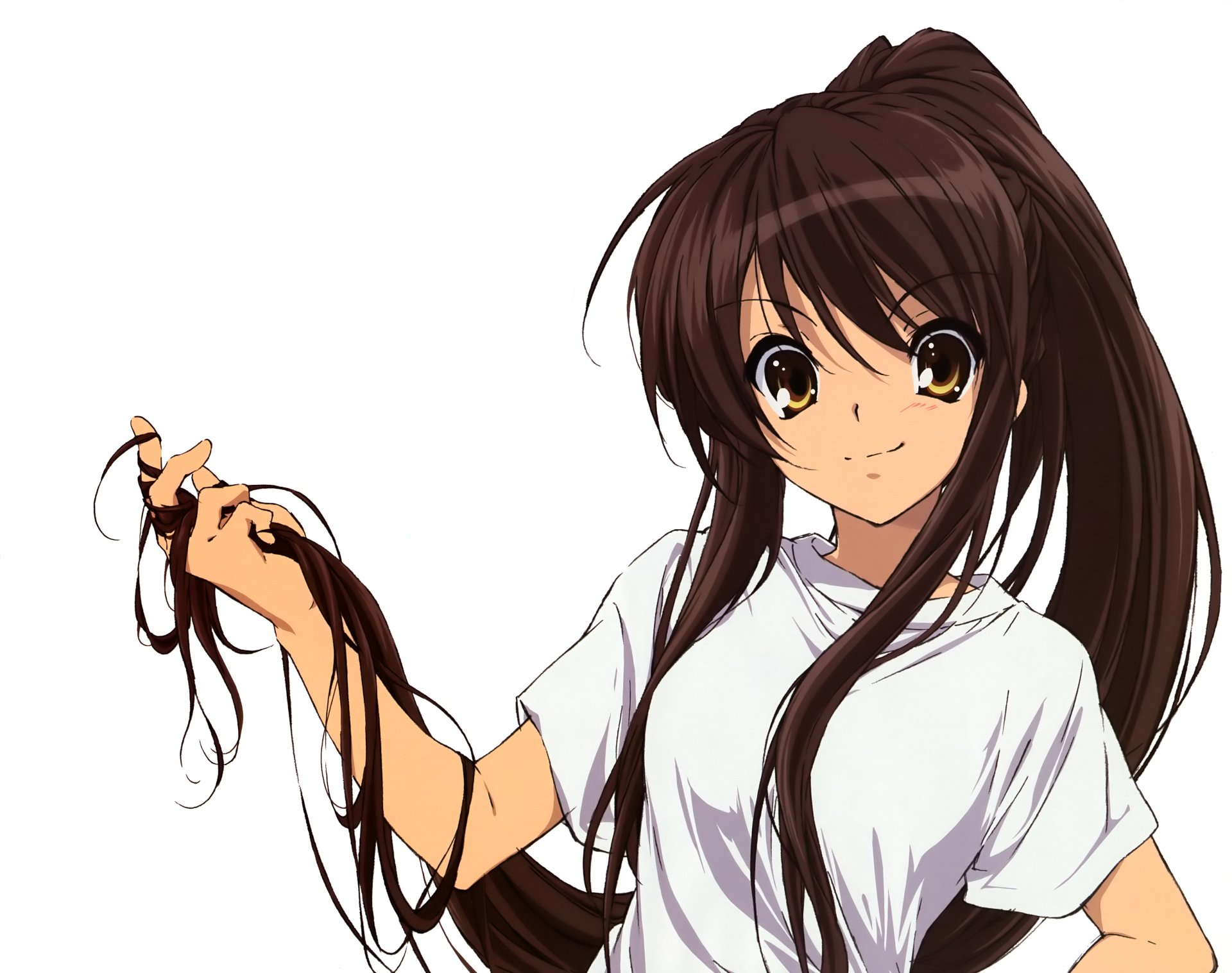Haruhi Suzumiya from The Melancholy of Haruhi Suzumiya in anime style, holding a lock of her long brown hair, wearing a white tee on a clean white background — 4K Ultra HD PC desktop wallpaper.