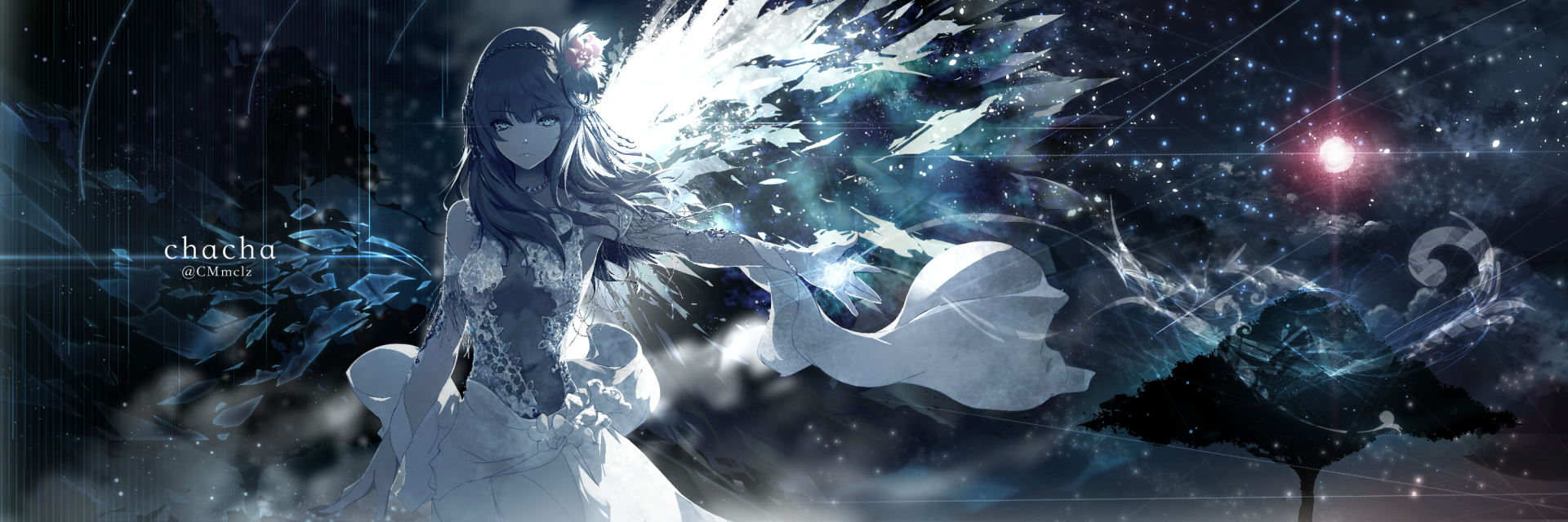 A captivating anime scene featuring a girl with flowing hair and ethereal wings, set against a starry backdrop, making for an enchanting HD PC desktop wallpaper.