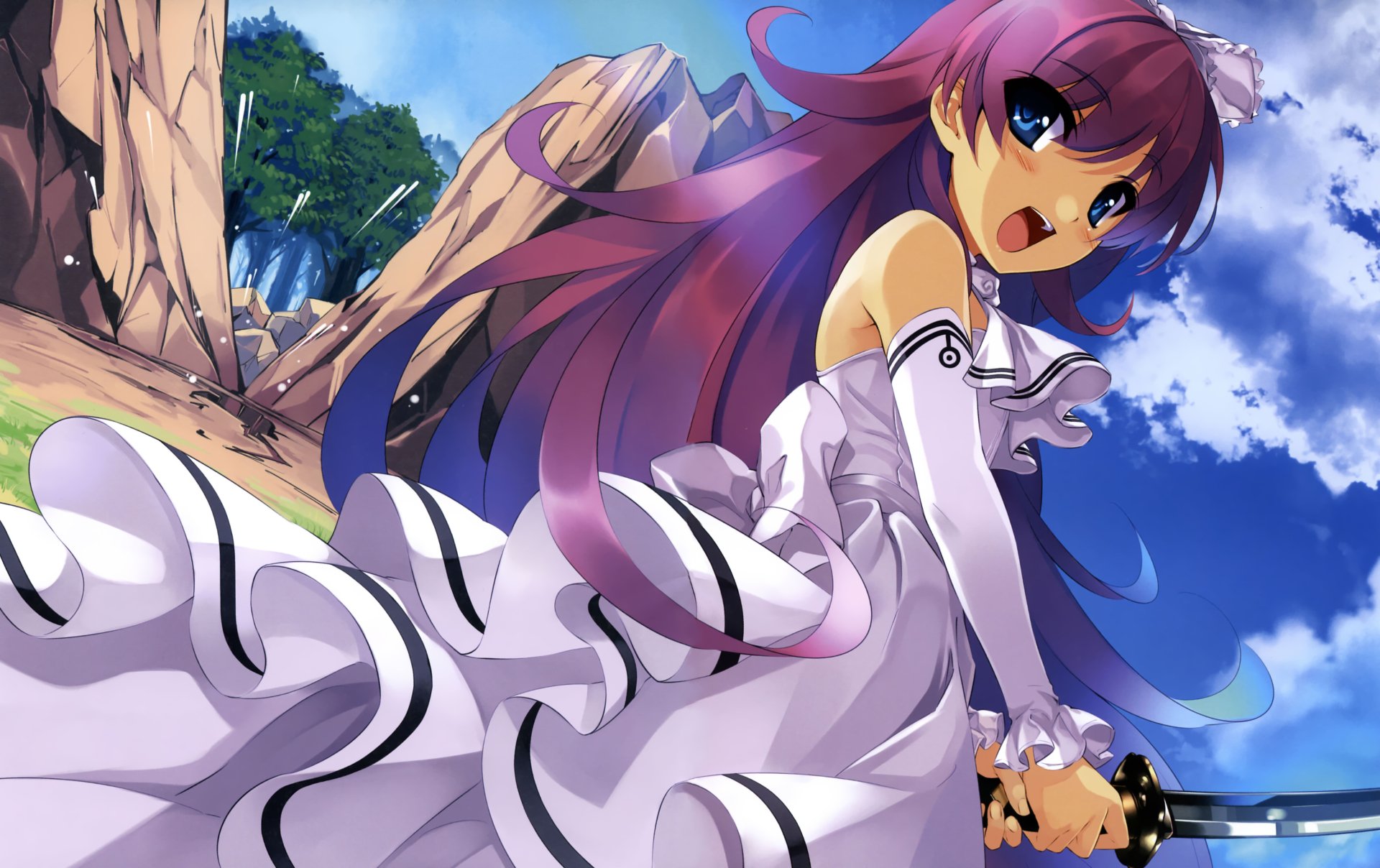 Anime character with long purple hair in a flowing white dress, holding a sword against a rocky backdrop under a bright blue sky. 4K Ultra HD PC wallpaper from Boku To Kanojo Ni Furu Yoru.