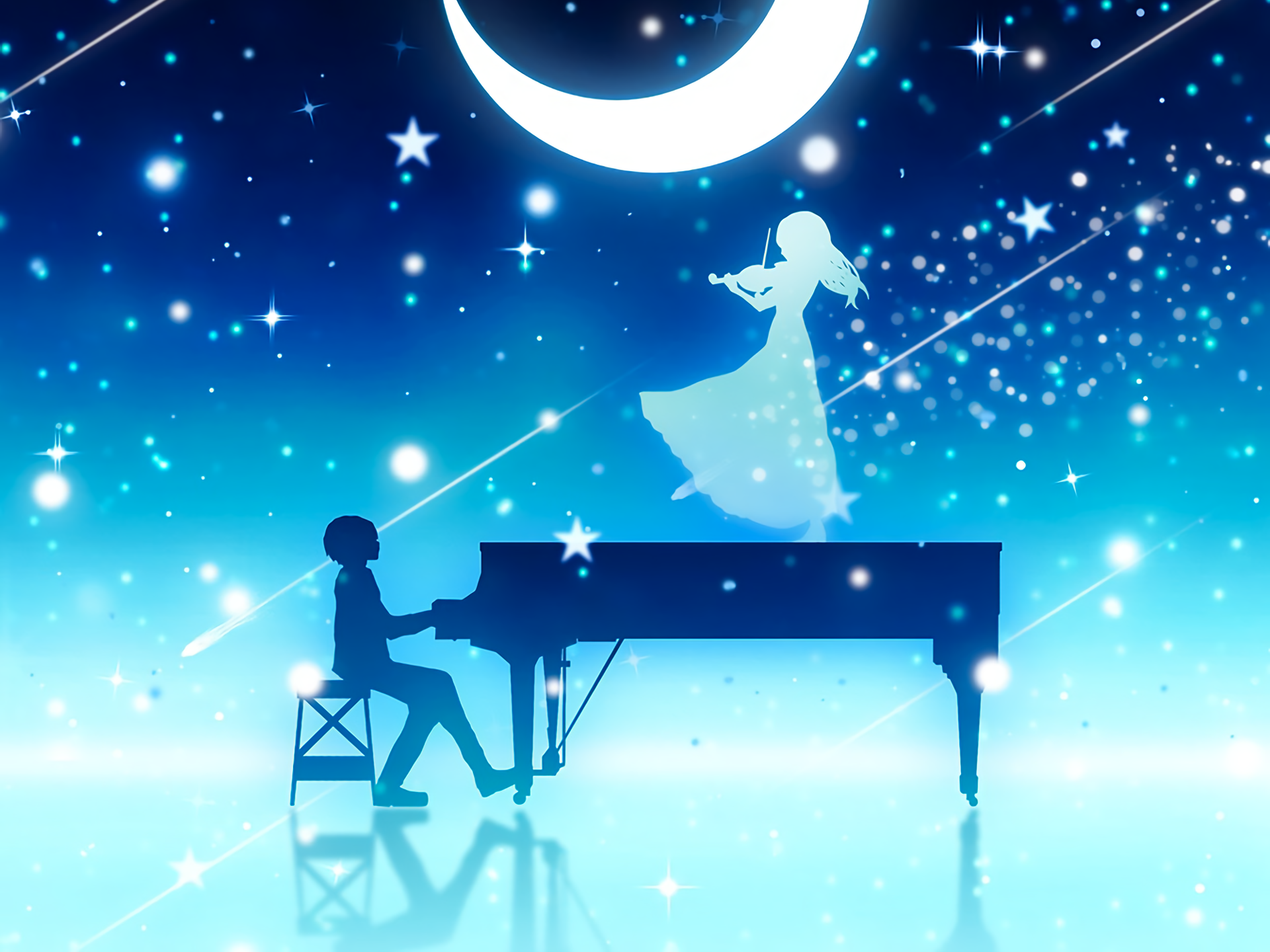 HD desktop wallpaper featuring Kousei Arima playing piano and Kaori Miyazono playing violin under a starry sky from the anime Your Lie in April.