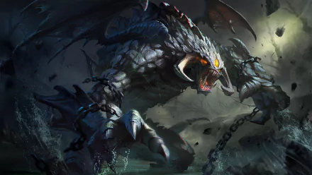 HD desktop wallpaper featuring Roshan, a fearsome creature from the video game DotA 2, depicted in a dark, intense battle scene. Chains and debris surround the monstrous character.