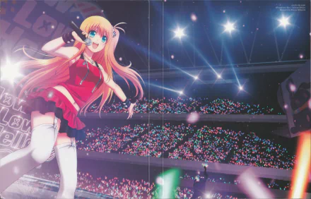 HD desktop wallpaper featuring the anime character Yusa Kurobane from Charlotte, performing on stage with a microphone, wearing thigh-highs and a skirt, with long blonde hair and blue eyes, smiling under bright lights.
