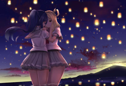 HD desktop wallpaper of Kanan Matsuura and Mari Ohara (Love Live! Sunshine!!) sharing an embrace beneath a sky full of glowing floating lanterns at sunset