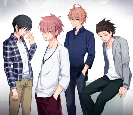HD PC desktop wallpaper: anime group portrait of four young men from Food Wars: Shokugeki no Soma in casual outfits against a clean white background.