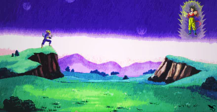HD wallpaper featuring Super Saiyan 4 Vegeta and Goku from Dragon Ball Z, with a stunning green landscape and vivid purple sky as backdrop.