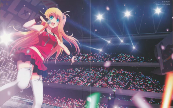HD desktop wallpaper featuring the anime character Yusa Kurobane from Charlotte, performing on stage with a microphone, wearing thigh-highs and a skirt, with long blonde hair and blue eyes, smiling under bright lights.