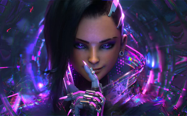 HD desktop wallpaper of Sombra from the video game Overwatch. The image features Sombra with a mysterious expression, surrounded by vibrant, glowing purple and pink hues.