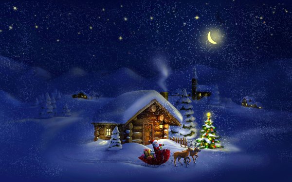 Holiday Christmas Snowfall Reindeer Sleigh Christmas Tree Cabin Santa Night Snow HD Wallpaper | Background Image