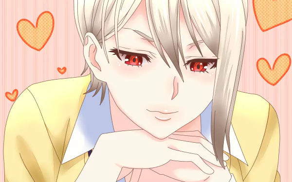 HD PC wallpaper featuring Alice Nakiri from the anime Food Wars: Shokugeki no Soma with a soft pink background and orange heart accents.