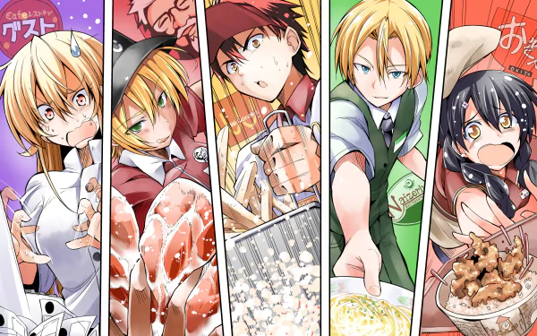 4K Ultra HD wallpaper featuring anime characters Ikumi Mito, Takumi Aldini, Megumi Tadokoro, Sōma Yukihira, and Erina Nakiri from Food Wars: Shokugeki no Soma.