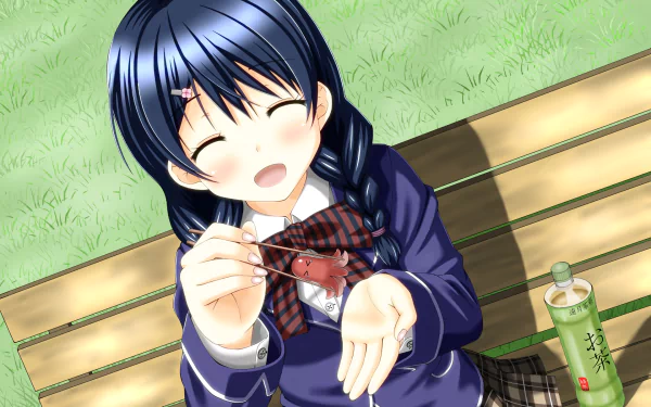 HD PC wallpaper of Megumi Tadokoro from Food Wars: Shokugeki no Soma — anime scene of her on a bench, smiling with braided hair and offering a bite of food; a bottle of green tea at her side.