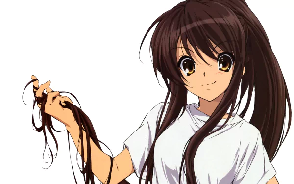 Haruhi Suzumiya from The Melancholy of Haruhi Suzumiya in anime style, holding a lock of her long brown hair, wearing a white tee on a clean white background — 4K Ultra HD PC desktop wallpaper.