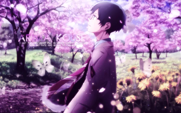 HD wallpaper featuring Kousei Arima from Your Lie in April set against a backdrop of cherry blossoms and butterflies.