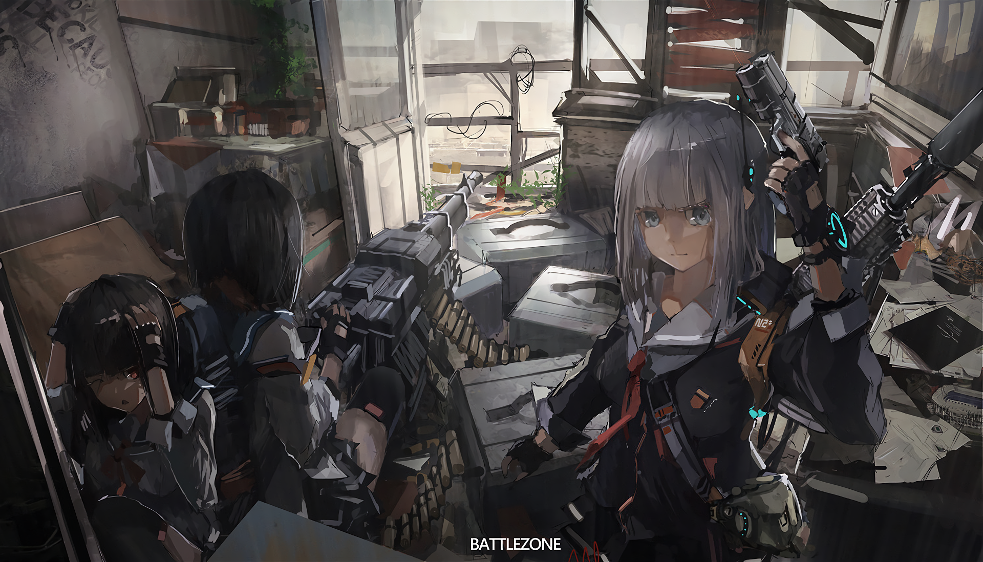 HD desktop wallpaper featuring original anime characters in a post-apocalyptic setting, armed and ready in a dilapidated room with the word BATTLEZONE at the bottom.