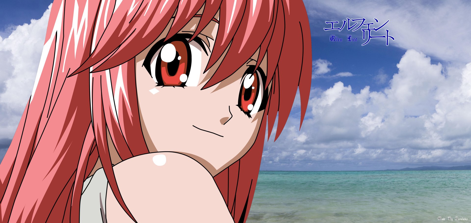 Anime character Lucy from Elfen Lied with red hair and eyes, set against a bright blue sky and ocean, rendered in 4K Ultra HD for PC desktop wallpaper.