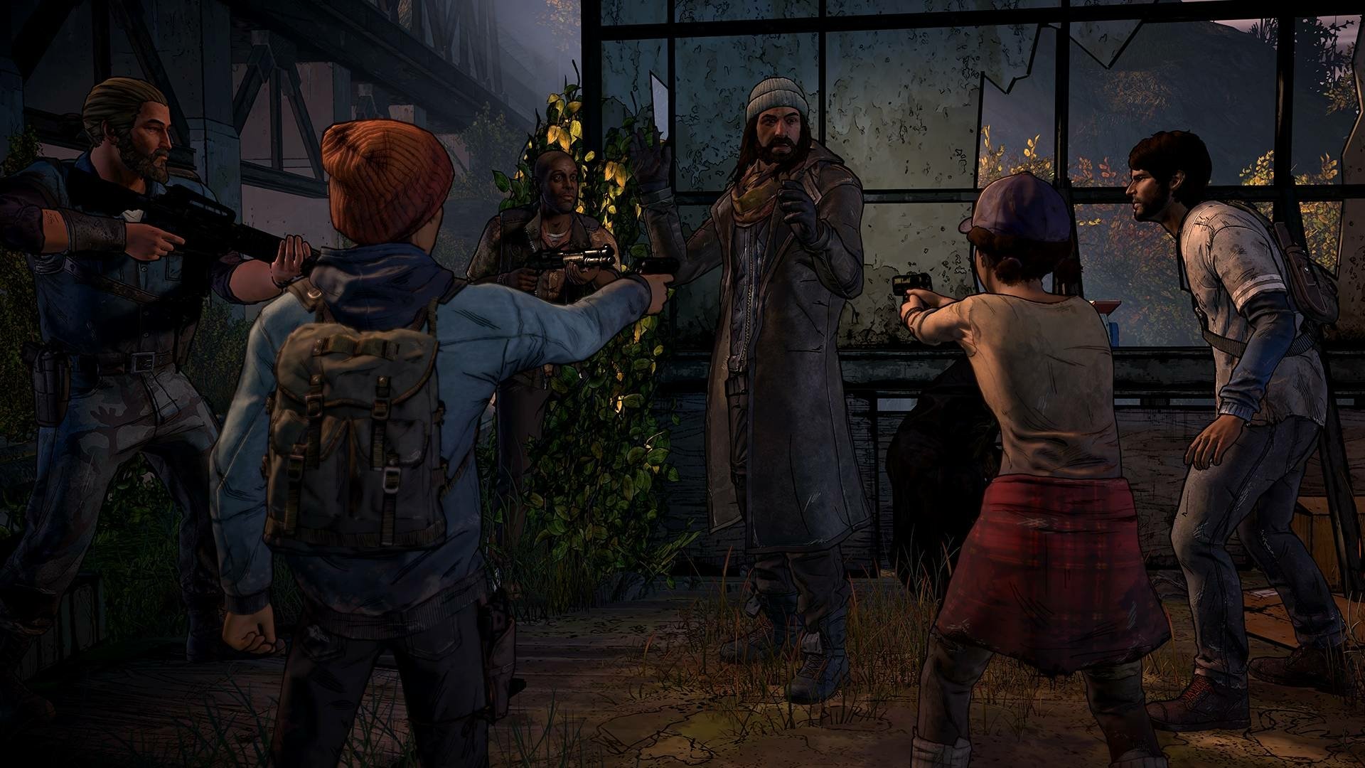 HD PC wallpaper depicting Clementine and others from The Walking Dead: A New Frontier video game confronting a man in a dark, overgrown interior setting.