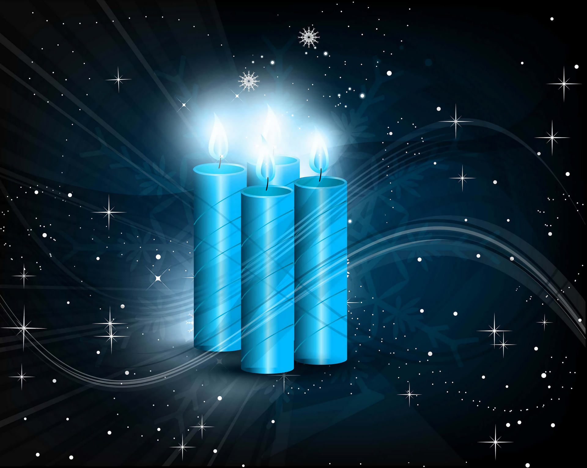 HD PC desktop wallpaper featuring three glowing blue candles against a festive, starry Christmas holiday background.