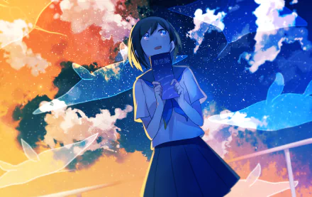 Anime-style HD desktop wallpaper featuring an original artwork of a girl holding a book against a colorful sky with translucent fish swimming around her.