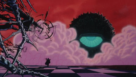 HD anime desktop wallpaper from Angel's Egg featuring a surreal scene with a large floating eye above checkered ground and a silhouetted figure against a red sky.