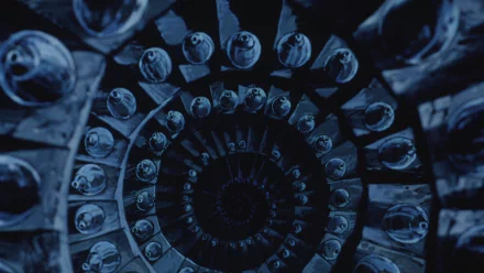 Anime Angel's Egg HD PC desktop wallpaper/background: a cobalt spiral of stairs and suspended egg-like figures winding into a dark central void.