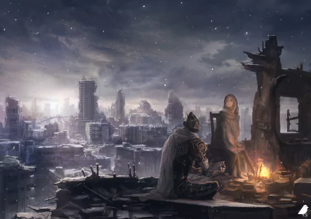 A high-definition anime wallpaper depicting a post-apocalyptic scene, featuring two characters sitting by a fire against the backdrop of a ruined cityscape.