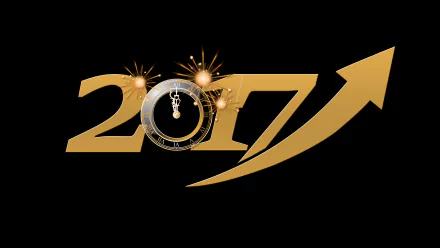 Gold 2017 with a midnight clock, sparkles and an upward arrow on black — New Year holiday 5K Ultra HD PC desktop wallpaper and background.