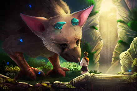 HD desktop wallpaper and background featuring artwork from the video game The Last Guardian, depicting a boy and a giant creature in a lush, mystical setting with sunlight streaming in.