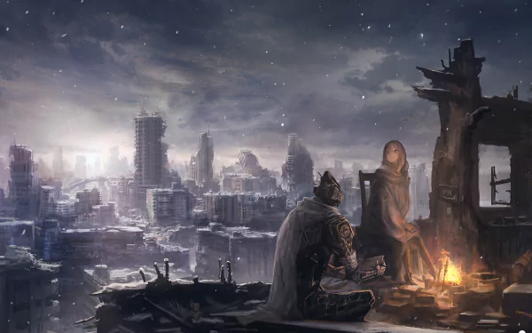 A high-definition anime wallpaper depicting a post-apocalyptic scene, featuring two characters sitting by a fire against the backdrop of a ruined cityscape.